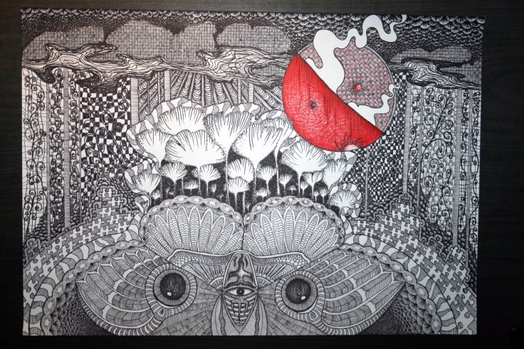 a crescent moon burning in a moth-like planet atmosphere©VišnjaVlahović